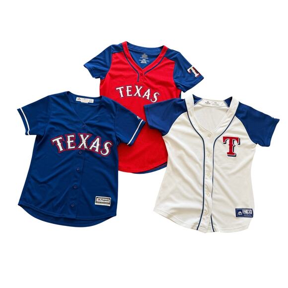 Texas Rangers 3 Women's Shirt Lot Baseball Jersey Style Majestic S M Red Blue - Picture 9 of 9